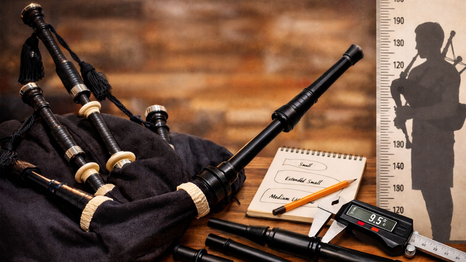 Zestaw dud szkockich z workiem oraz różnymi długościami dymki (blowpipe) ułożony na drewnianym stole, obok suwmiarki i notatnika, przedstawiający dobór odpowiedniego rozmiaru worka i akcesoriów do dud